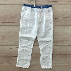Janie and Jack White Linen-Blend Drawstring Pants with Blue Waistband
